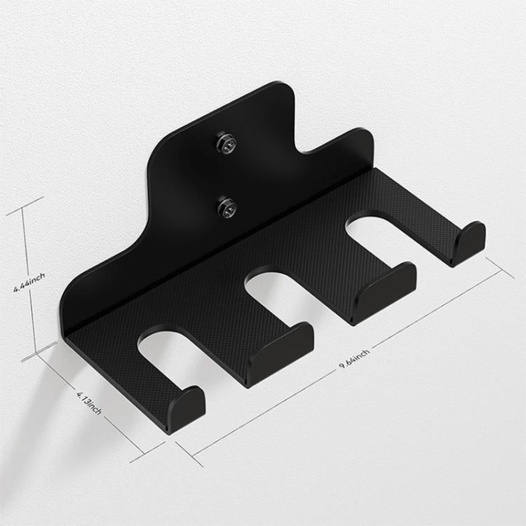Black wall barbell storage rack with four cushioned cradle openings and bolts