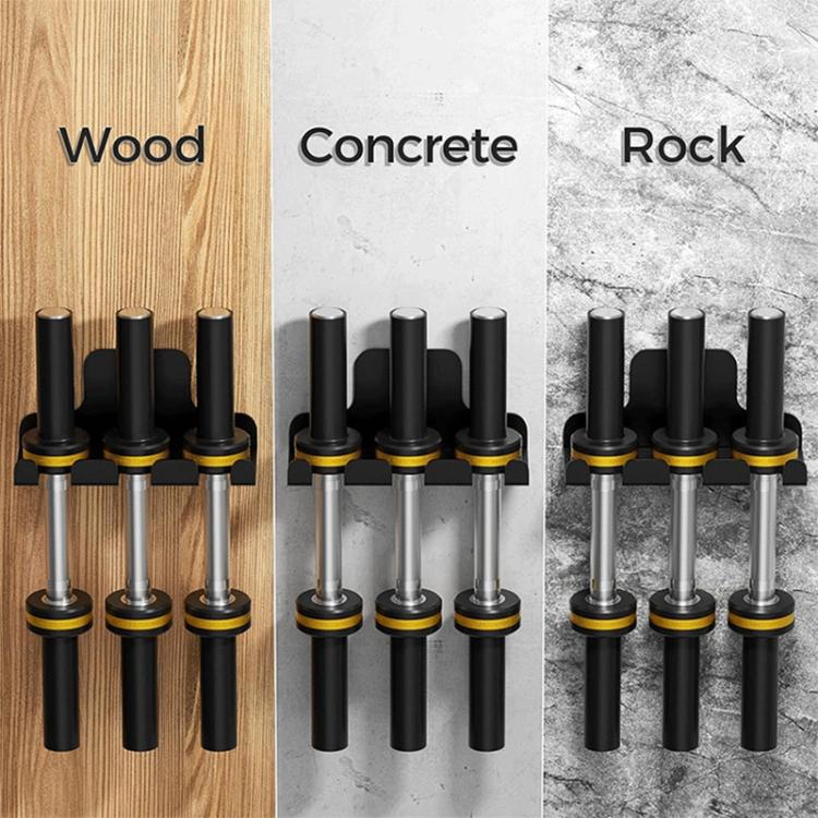 Barbell rack with multiple bar slots shown on different floor surfaces