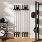 Wall-mounted barbell storage rack holding several bars in a vertical row