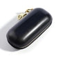 Dark leather sunglasses storage box with gold zipper and keychain clip