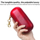 Red leather sunglasses storage box held in hand with gold zipper and clip