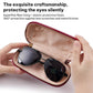 Vegetable-tanned leather sunglasses storage box, red, open with glasses inside