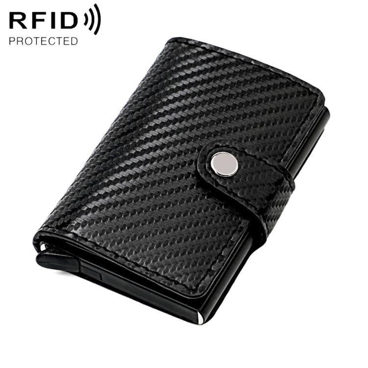 Black carbon-fiber texture multi-card RFID wallet with snap closure and metal button