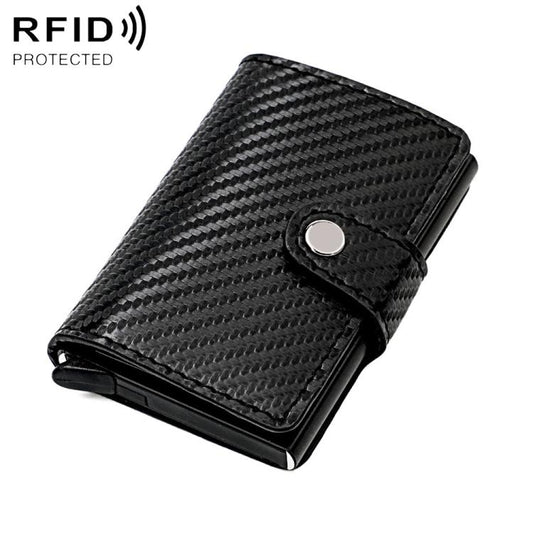 Black carbon-fiber texture multi-card RFID wallet with snap closure and metal button
