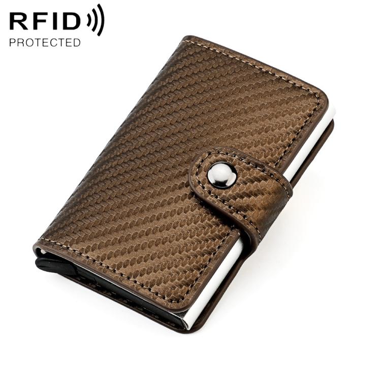 Bronze carbon-fiber texture multi-card RFID wallet with snap closure and metal button