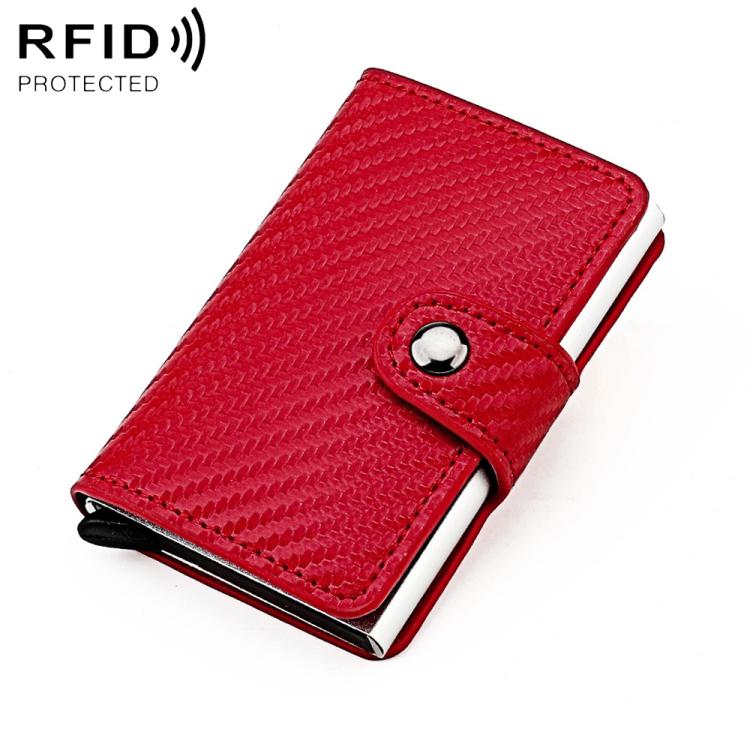 Red carbon-fiber texture multi-card RFID wallet with snap closure and metal button