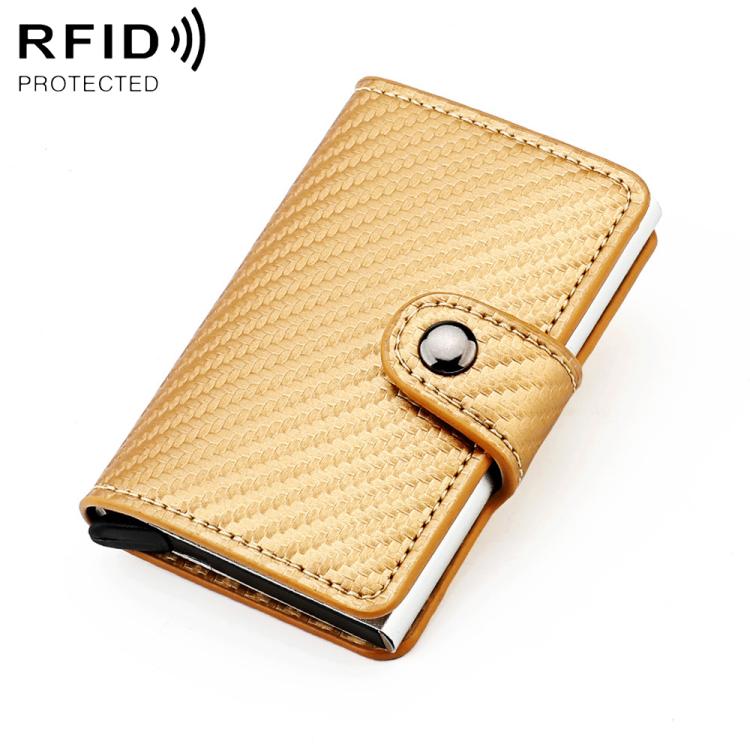 Light tan carbon-fiber texture multi-card RFID wallet with snap closure and metal button