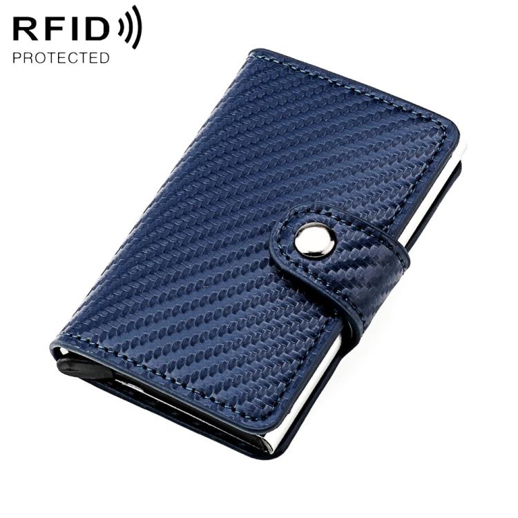 Dark blue carbon-fiber texture multi-card RFID wallet with snap closure and metal button