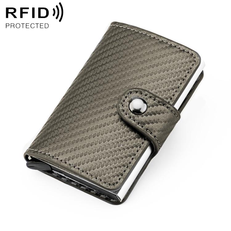 Gray carbon-fiber texture multi-card RFID wallet with snap closure and metal button