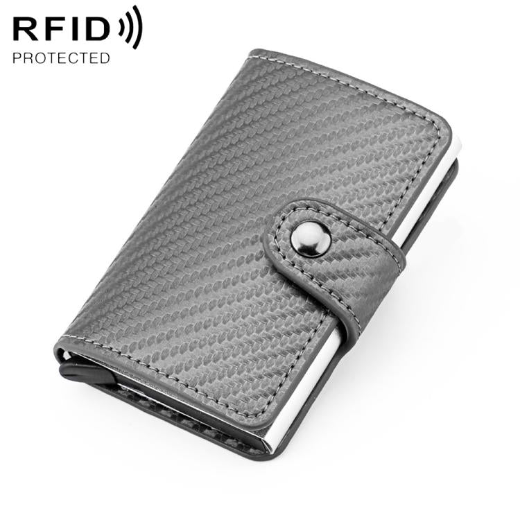 Light gray carbon-fiber texture multi-card RFID wallet with snap closure and metal button