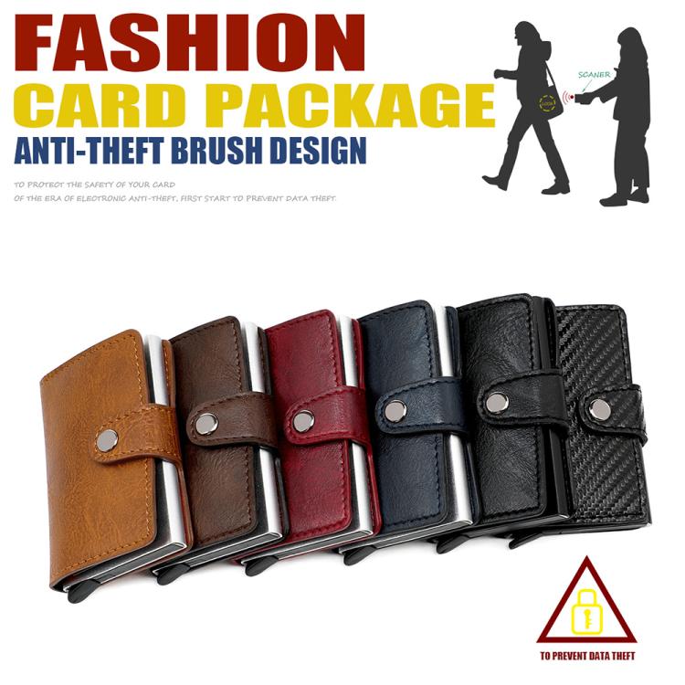 Assorted color multi-card RFID wallets with snap closures and carbon-fiber style panels