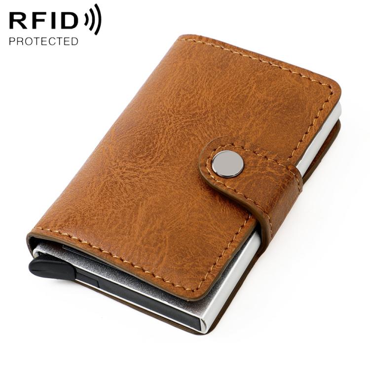 Brown leather-look RFID multi-card wallet with snap strap and oval metal button.