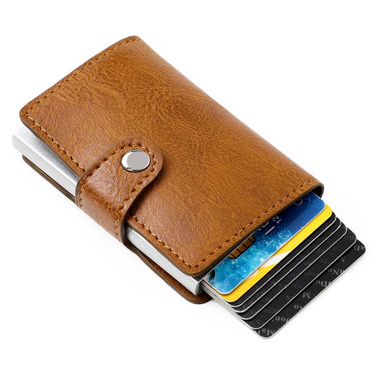 Brown leather-look multi-card wallet with cards partly visible and snap closure.