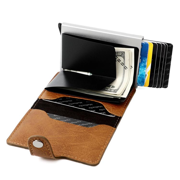 Brown leather-look wallet open with card slots and ID pocket; snap strap visible.