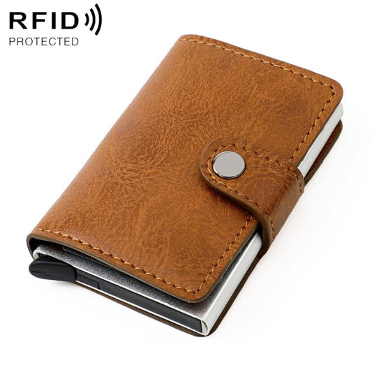 Brown leather-look RFID multi-card wallet with snap strap and oval metal button.