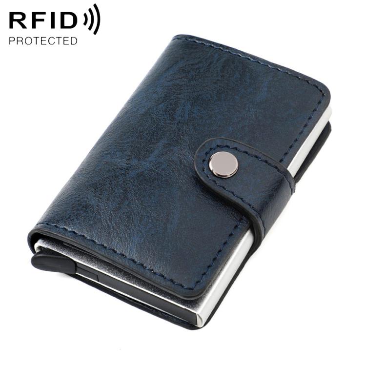 Dark blue leather-look RFID multi-card wallet with snap strap and oval metal button.
