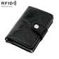 Black leather-look RFID multi-card wallet with snap strap and oval metal button.