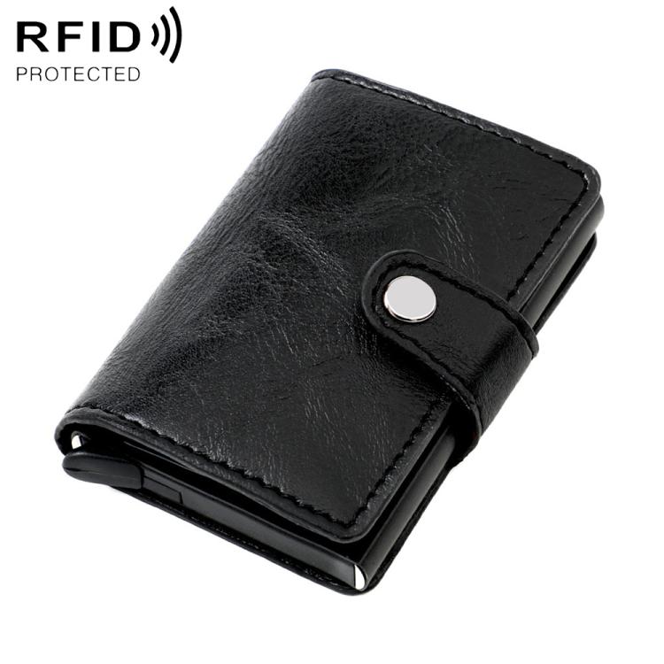 Black leather-look RFID multi-card wallet with snap strap and oval metal button.
