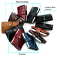 Assorted multi-card wallets featuring different leather textures in brown, red, blue, and black.