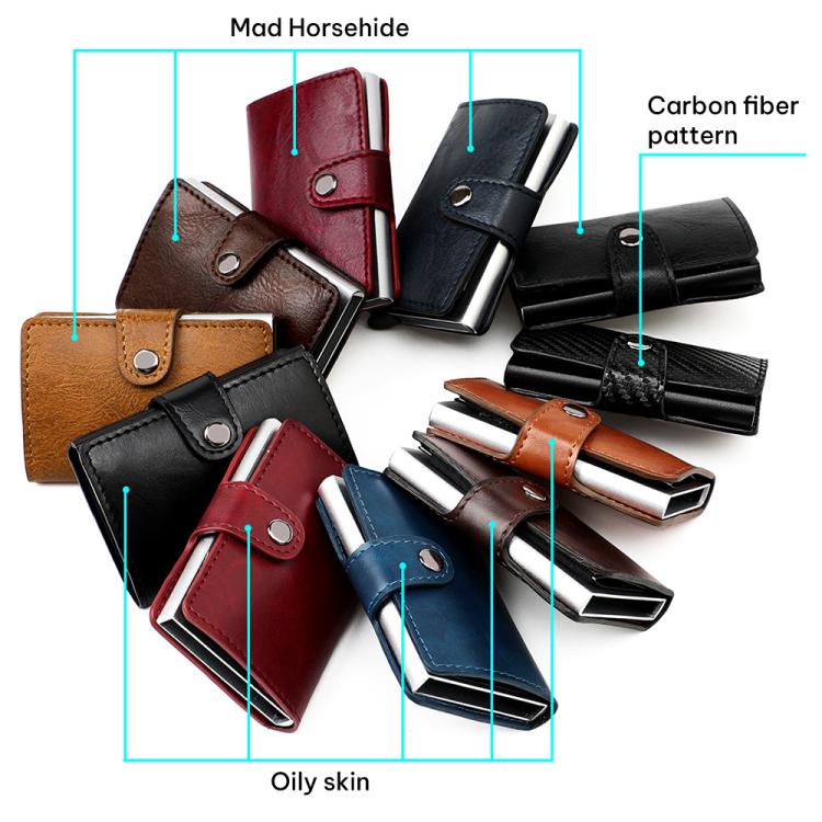 Assorted multi-card wallets featuring different leather textures in brown, red, blue, and black.