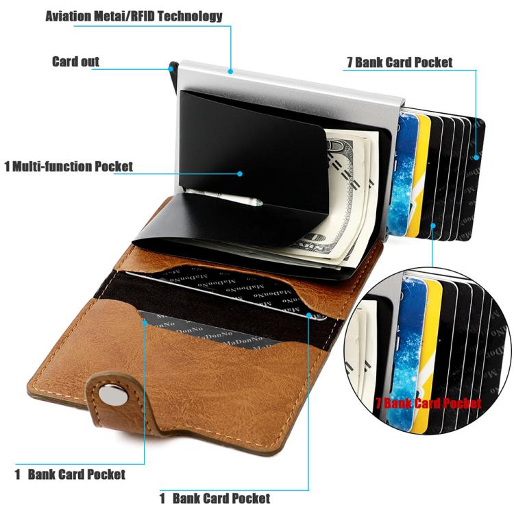 Brown RFID multi-card wallet open, showing multi-pocket card slots and inner compartments.