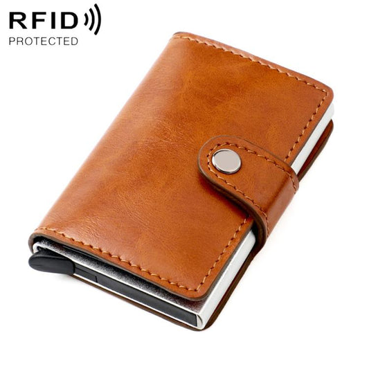 Brown oil-wax texture multi-card wallet with snap strap and silver button closure
