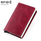 Wine red RFID card holder wallet with stitched leather front and snap closure