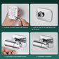 Drill-free shower head holder installation showing adhesive base plate and bracket screws