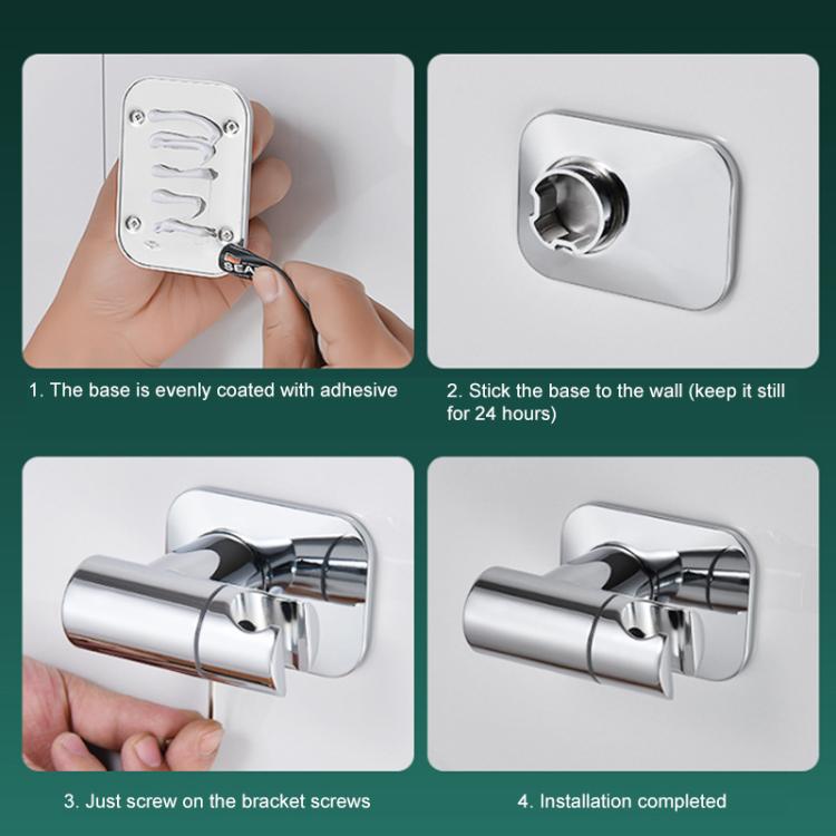 Drill-free shower head holder installation showing adhesive base plate and bracket screws