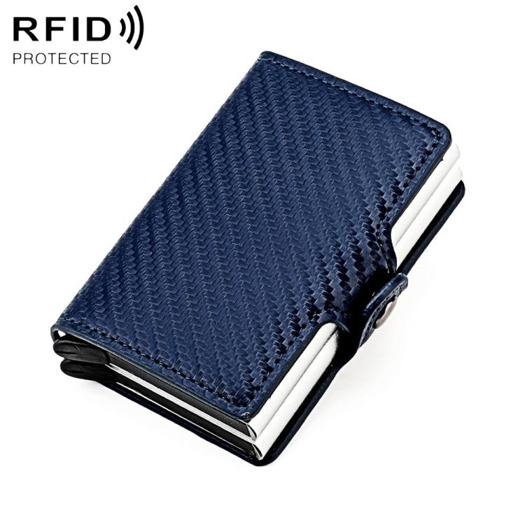 Blue carbon-fiber card bag with metal edge, fold-over flap, RFID card protection case