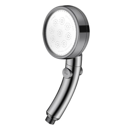 Adjustable handheld pressurized shower head with round spray face, dark gray