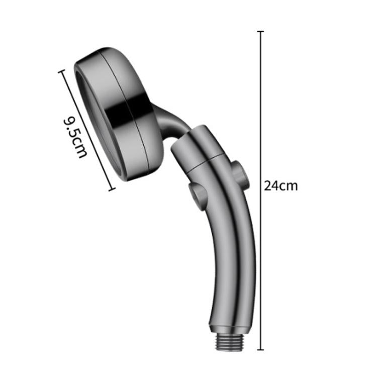 Adjustable handheld shower head with long hose neck, dark gray, side view
