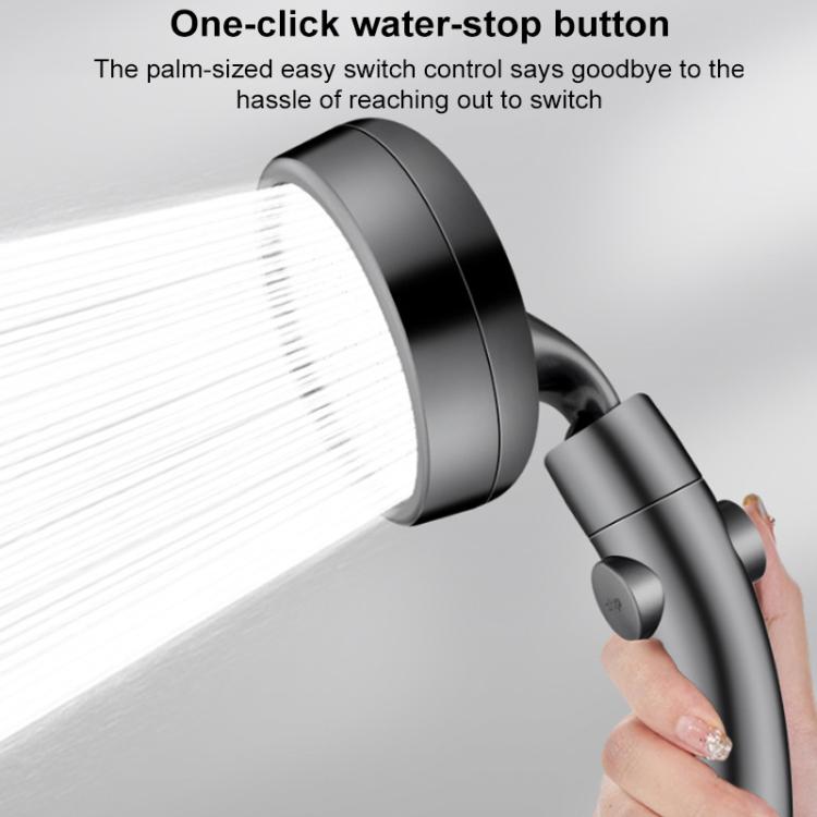 Handheld shower head with palm-sized water-stop button control, dark gray
