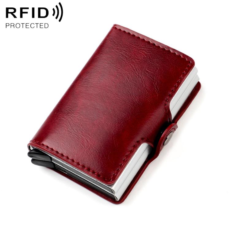 Wine red oil-wax texture RFID card bag with stitched edge and silver card slots
