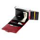 RFID card bag with two panels open, showing multiple cards in the metal card pocket