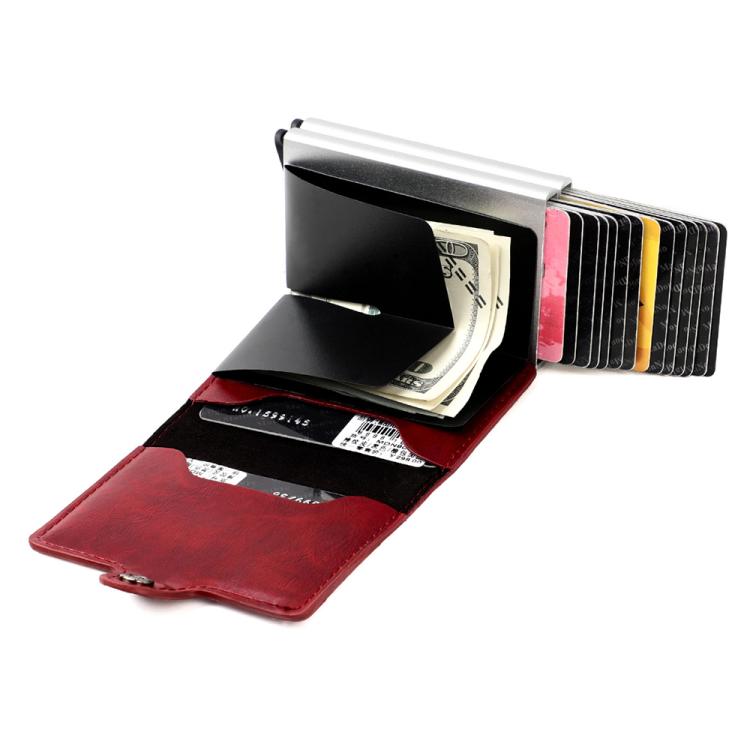 RFID card bag with two panels open, showing multiple cards in the metal card pocket