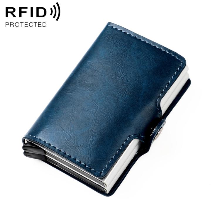Royal blue oil-wax style RFID card bag with stitched perimeter and silver metal edges