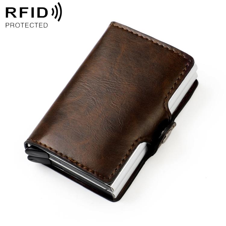 Coffee brown RFID card bag with oil-wax texture, stitched trim, and silver card pocket