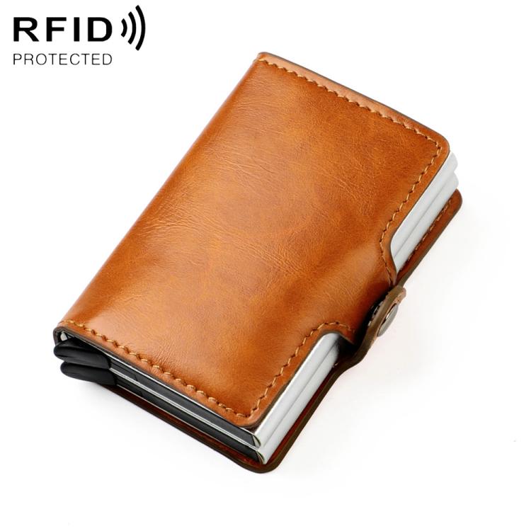 Brown-orange RFID card bag with oil-wax texture, stitched edge, and silver card slots