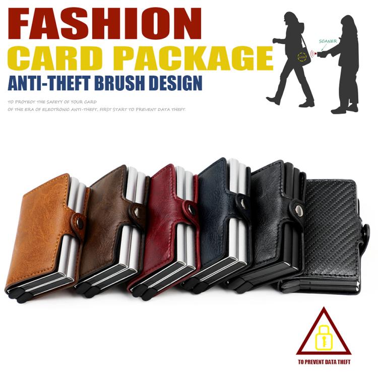 Set of RFID card bags showing multiple colors with metal card slots and stitched leather