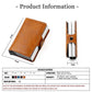 Orange RFID card bag with stitched leather front and side view of the metal snap