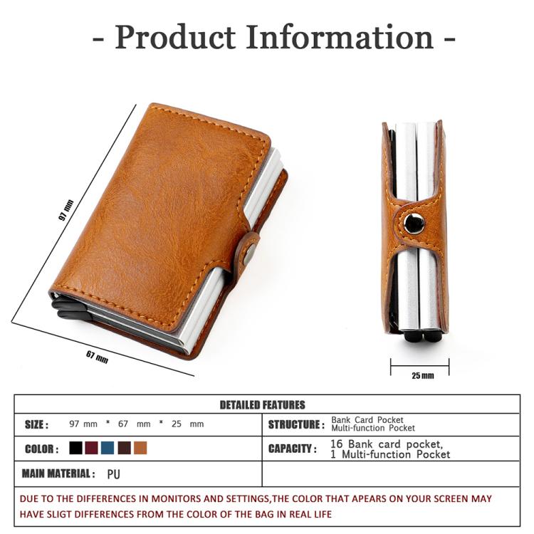 Orange RFID card bag with stitched leather front and side view of the metal snap