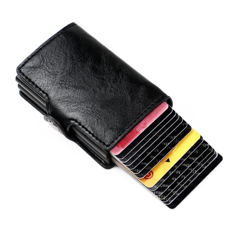 Black RFID card holder with cards peeking from the double-layer pocket