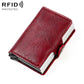 Wine red crazy-horse RFID card holder with stitched edges and metal inserts