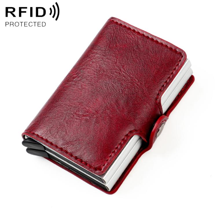 Wine red crazy-horse RFID card holder with stitched edges and metal inserts