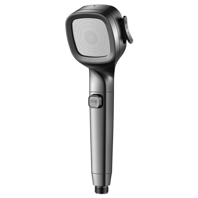 Black pressurized shower spray head with one-button stop switch