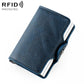 Blue leather RFID card holder with automatic pop-up cover
