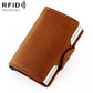 Brown leather RFID card holder with automatic pop-up cover