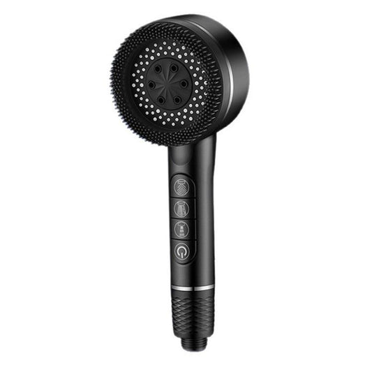 Handheld shower head with round jet face and dark control buttons, black finish