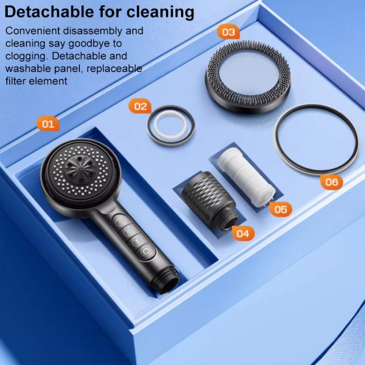 Handheld shower head with detachable parts and replacement rings in a kit tray